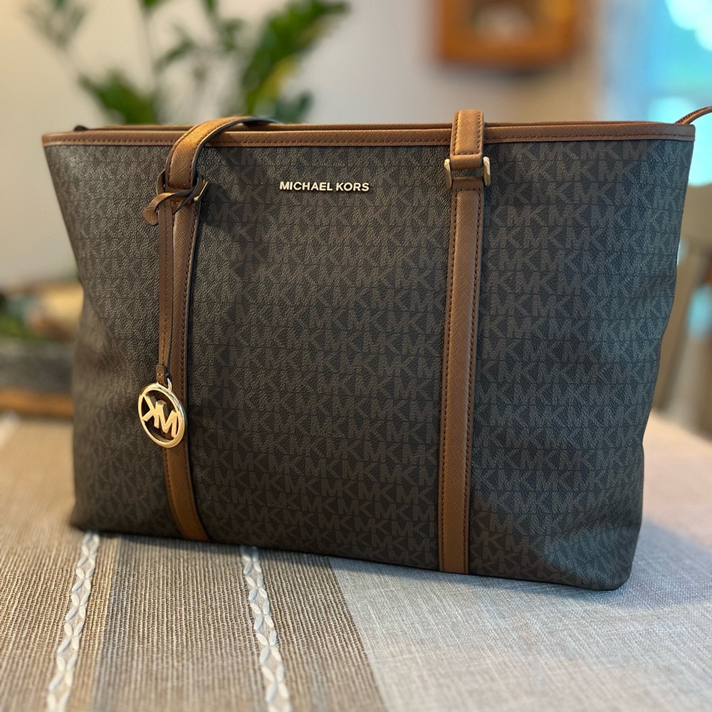 Michael Kors Large Jet Set Tote Brown MK Logo Shoulder Bag